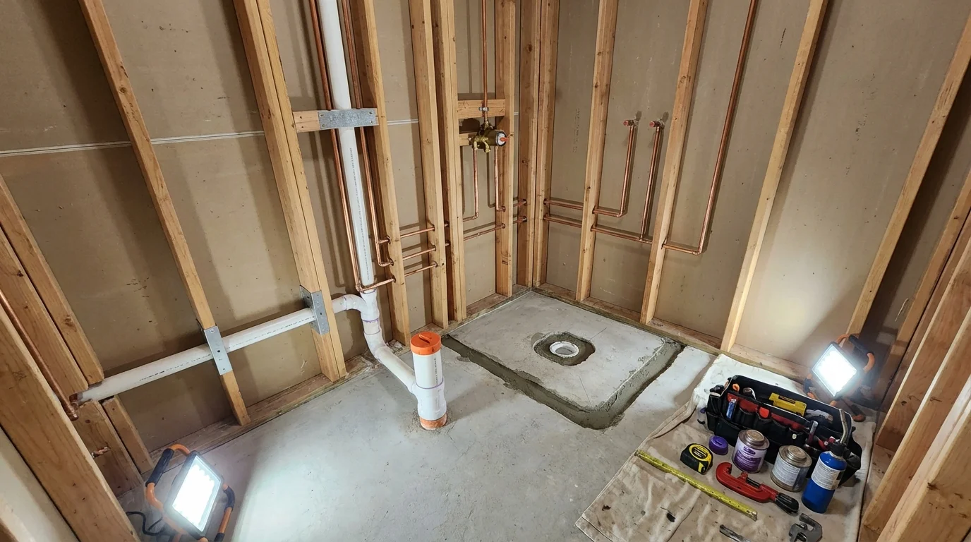 Bathroom rough-in plumbing during remodel by Johns Plumbing LLC in Imperial