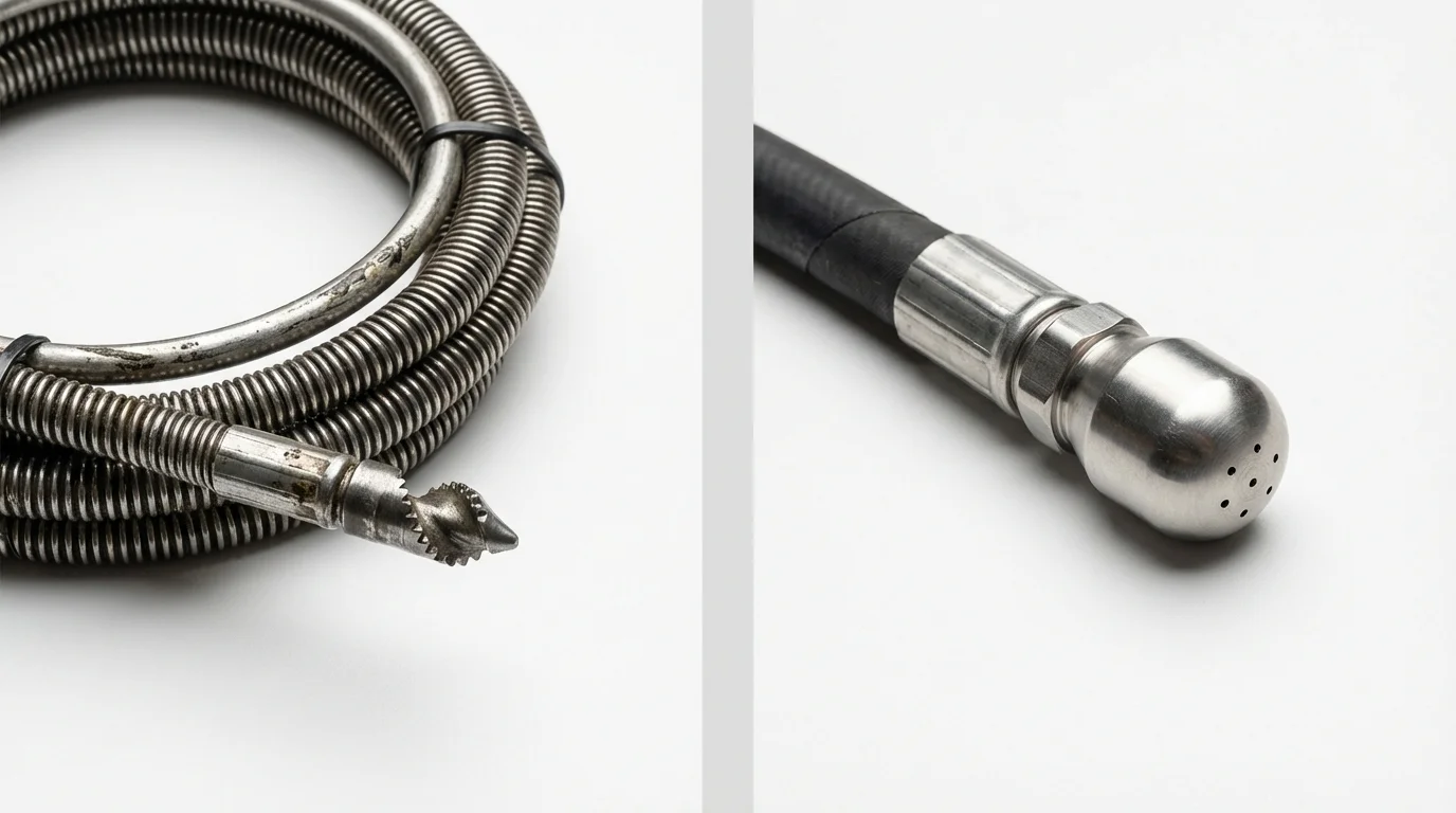 Drain snake cable and hydro jetting nozzle used for drain cleaning in Imperial, CA