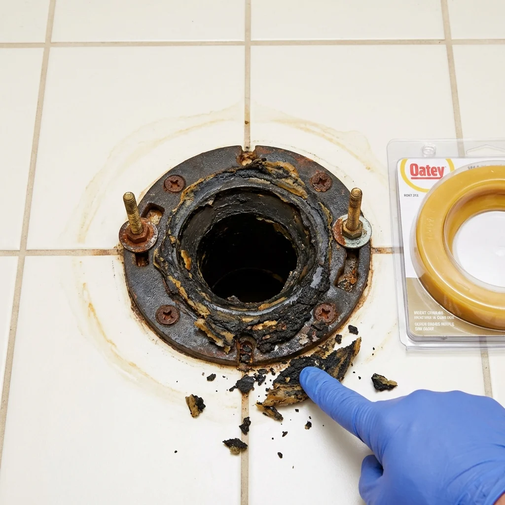 Failed wax ring showing water seepage at the base of a toilet in a Imperial, CA home