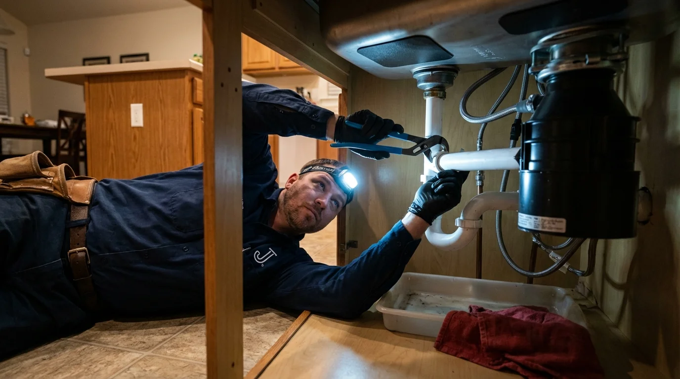 P-trap and supply line connections under a kitchen sink showing a common leak point in Imperial, CA